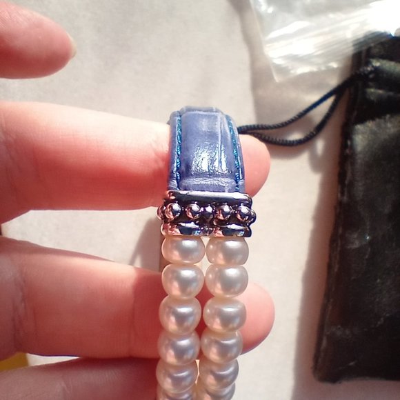 Honora Double Row Freshwater Pearl Royal Blue Genuine Leather Bracelet 925 - Picture 5 of 10